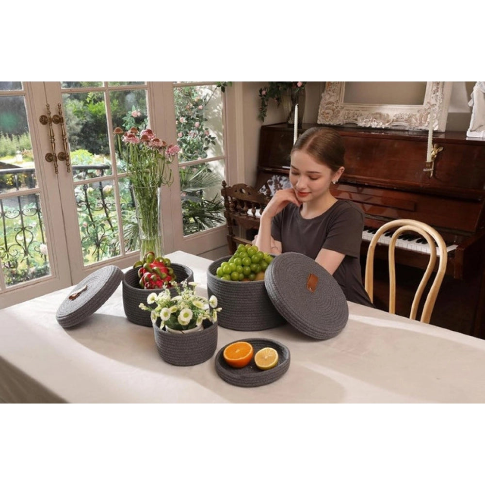 Generic Cotton 3 Pcs Set Roti Box Storage Basket With Lid (Gray)